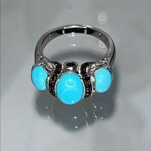 NWOT Sterling Silver Genuine Sleeping Beauty Turquoise Black Spinel Ring Boho